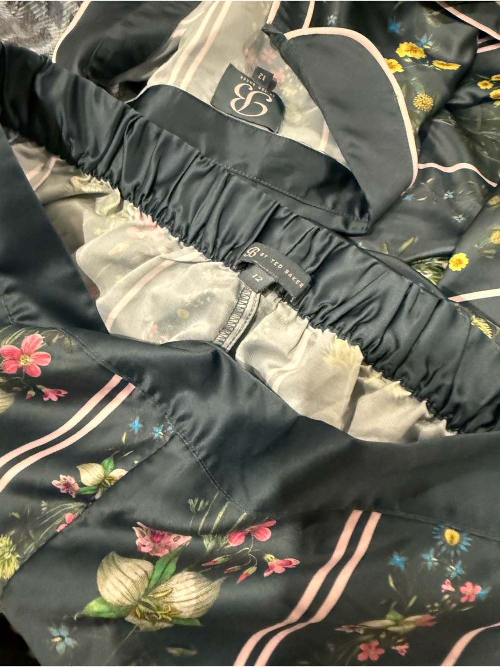 Ted Baker London Green Floral Stripe Satin Pajama Set with Piping Button-Up - Picture 8 of 13